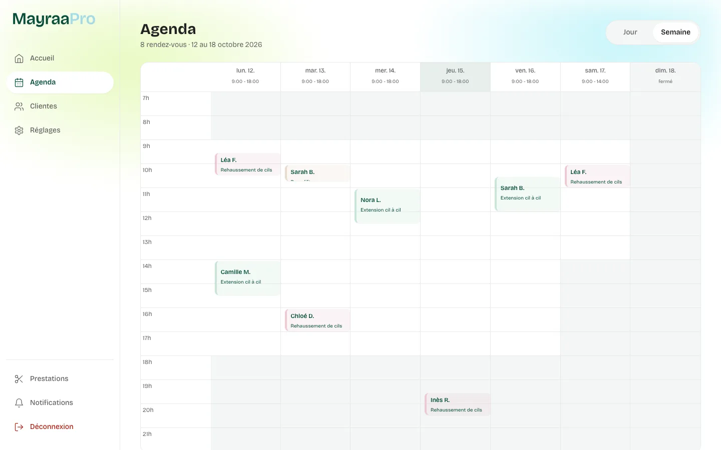 Agenda de la semaine avec les rendez-vous de Studio Lina