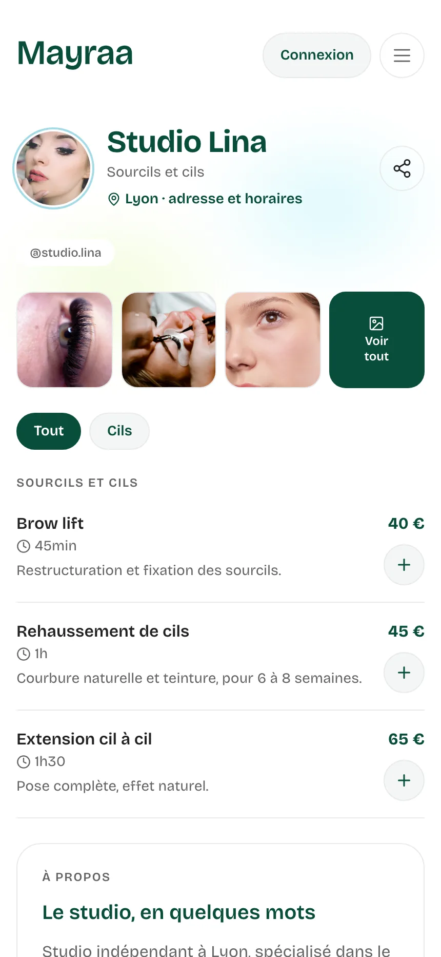Page de réservation de Studio Lina sur iPhone
